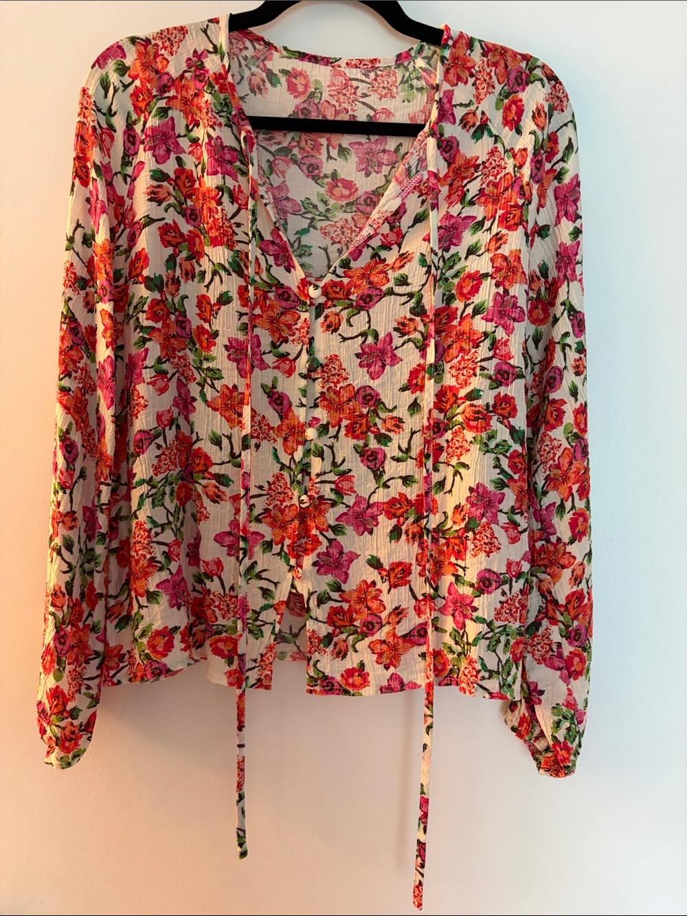Floral Tie-Front Peasant Blouse - Pink & Orange